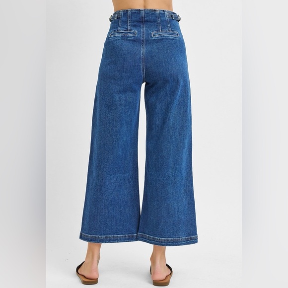 High Rise Crop Wide Leg Jeans – Adjustable Waistband | Dark Wash Denim - Picture 3 of 7